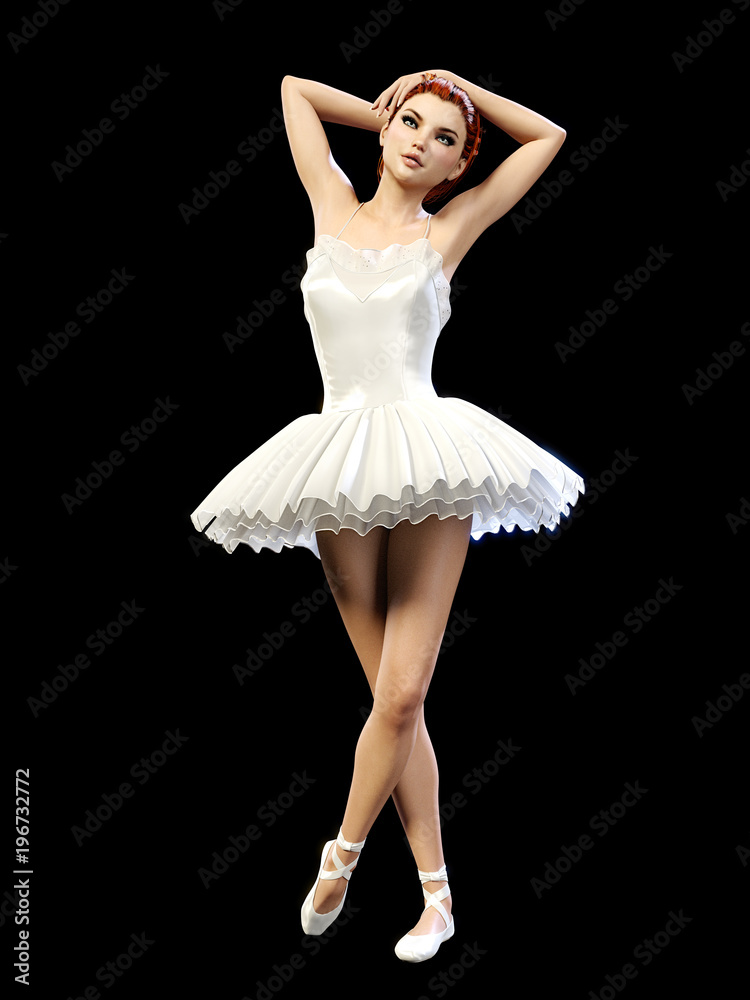 Naklejka premium Dancing ballerina 3D. White ballet tutu. Blonde girl with blue eyes. Ballet dancer. Studio photography. High key. Conceptual fashion art. Render realistic illustration. Black background.