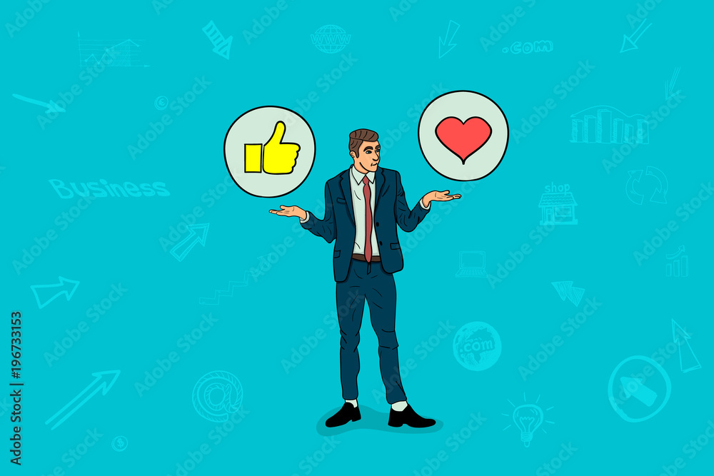 Businessman holds social media icons Businessman holds social media icons