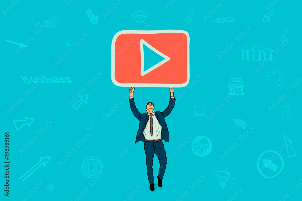 Businessman holding a video player button over his head Businessman holding a video player button over his head