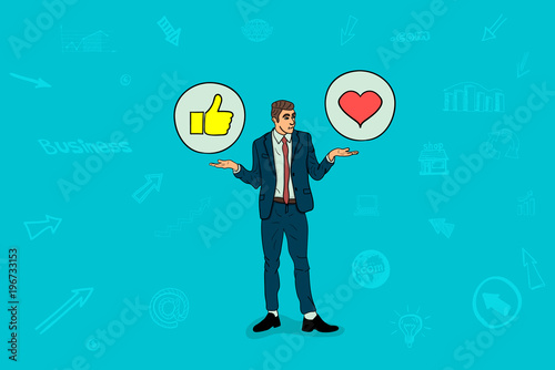 Businessman holds social media icons
