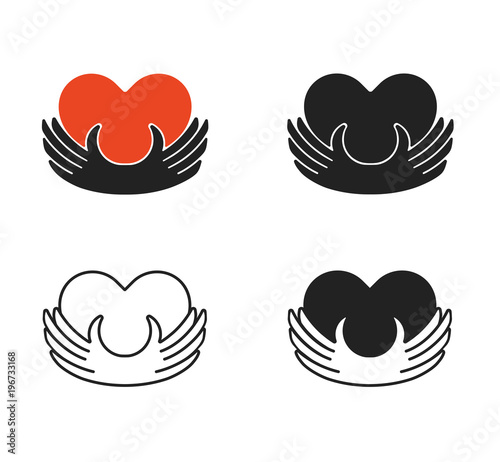 Four concept charity logo.Donator holding heart in their hands.Vector illustration flat design.Isolated on white background. Volunteer black icon.Human helping. Healthcare.Team work