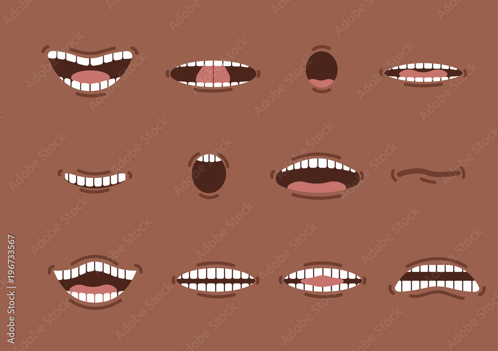 Cartoon african mouths set. Smile. Funny Cartoon mouth set with different  expressions. Smile with teeth, sticking out tongue, surprised. Cartoon  talking mouth and lips expressions vector animation Stock Vector | Adobe  Stock