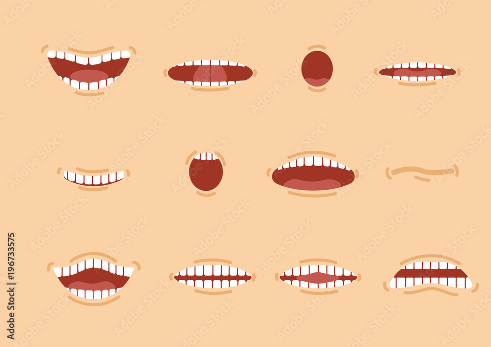 Cartoon skin color mouths set. Smile. Funny Cartoon mouth set with  different expressions. Smile with teeth, sticking out tongue, surprised.  Cartoon talking mouth and lips expressions vector animation Stock Vector |  Adobe