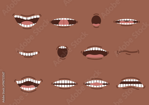 Cartoon african mouths set. Smile. Funny Cartoon mouth set with different expressions. Smile with teeth, sticking out tongue, surprised. Cartoon talking mouth and lips expressions vector animation