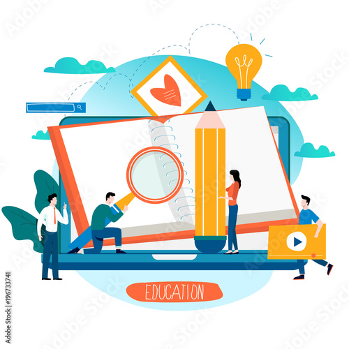 Education, online training courses, distance education flat vector illustration. Internet studying, online book, tutorials, e-learning, online education design for mobile and web graphics