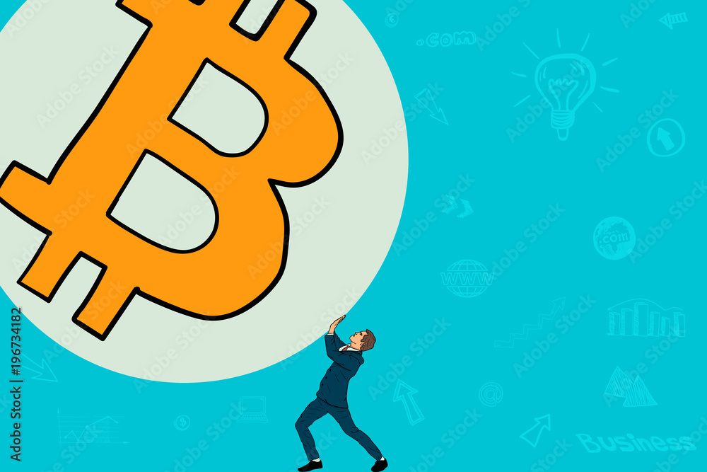 Businessman holding his hands big bitcoin icon