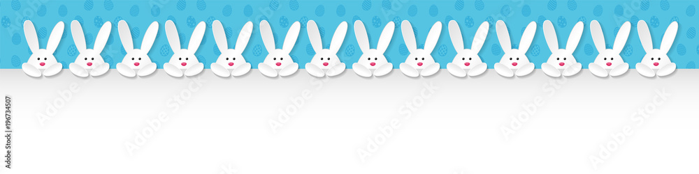 Fototapeta premium Panoramic header with white paper cut bunnies and copyspace - Easter design. Vector.
