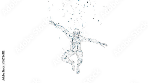 Conceptual abstract man in a jump. Connected lines, dots, triangles, particles isolated on white. Artificial intelligence concept. High technology vector, digital background. 3D render vector