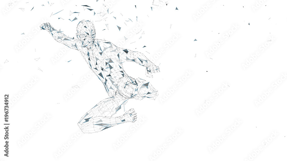 Conceptual abstract man jumping in kung fu kick. Connected lines, dots, triangles, particles. Artificial intelligence concept. High technology vector, digital background. 3D render vector illustration