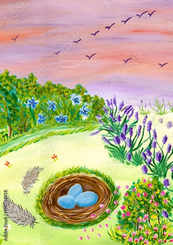 Easter composition. Hand drawing watercolor, gouache. Easter background, greeting card, spring landscape, fabulous. Nest with eggs. Sunrise, colorful sky. Figure painting, artist, illustration.