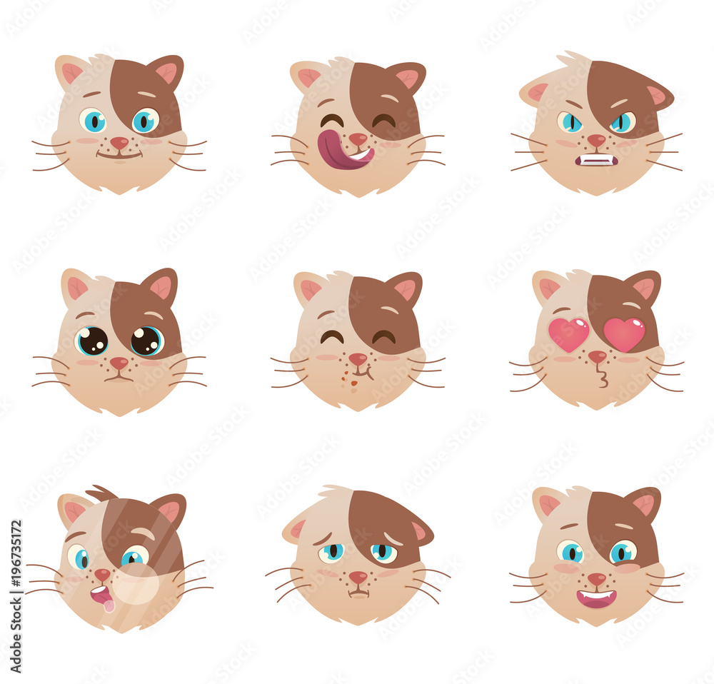 Fototapeta premium Cute head cats different emoticons. Domestic Pet kitten icon