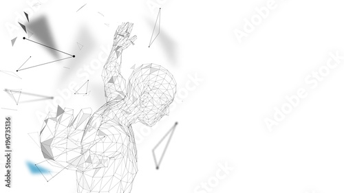 Conceptual abstract man getting ready to jump. Connected lines, dots, triangles, particles. Artificial intelligence concept. High technology vector, digital background. 3D render vector illustration.