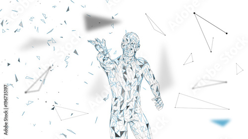 Conceptual abstract man touching or pointing to something. Connected lines, dots, triangles, particles. Artificial intelligence concept. High technology vector, digital background. 3D render vector