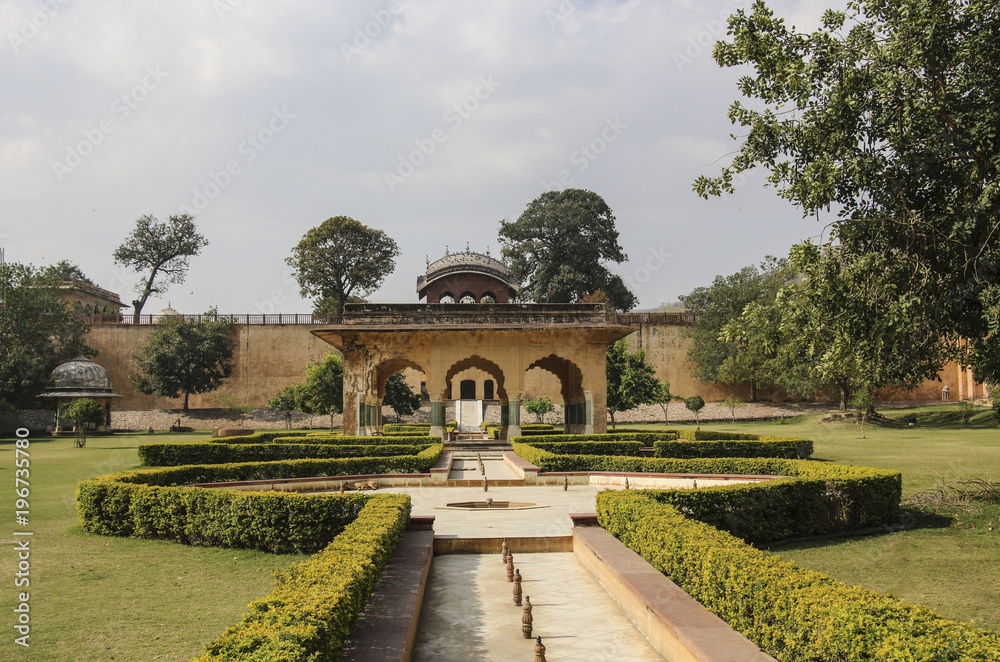Garden with fountains in Amber Fort in Jaipur, Rajasthan, India