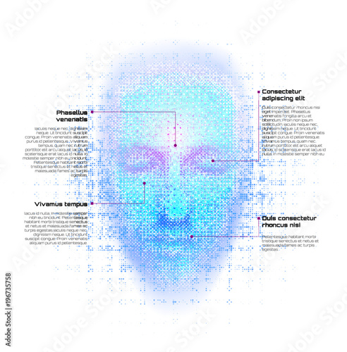 3d rendering of robot face with numbers on white background represent artificial intelligence. Future science, modern technology concept. 3d illustration