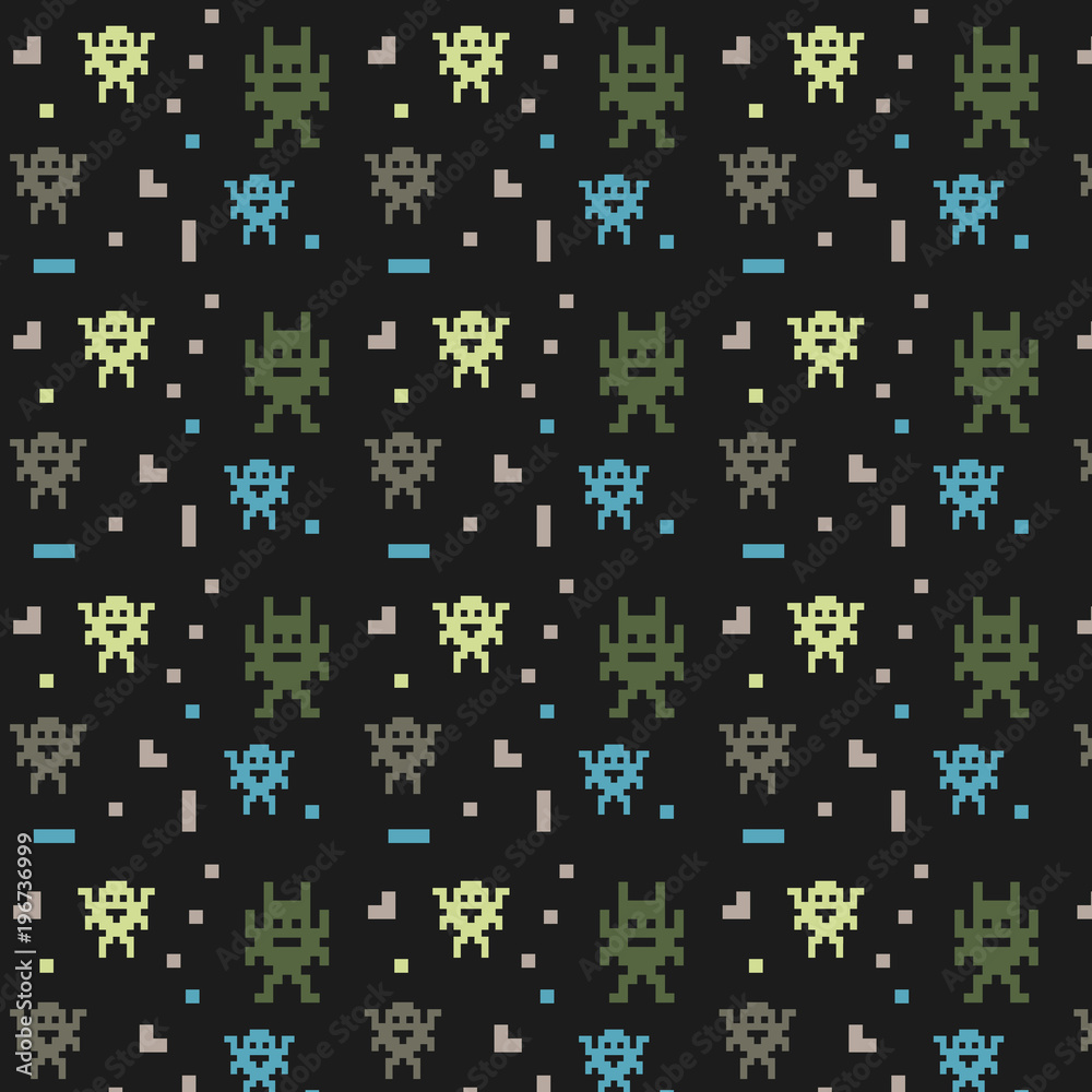 Pattern ornament with pixel art green blue and gray monsters on black background Pattern ornament with pixel art green blue and gray monsters on black background