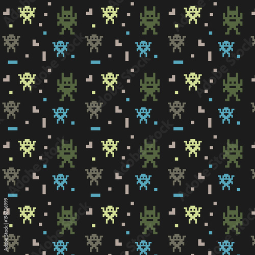 Pattern ornament with pixel art green blue and gray monsters on black background