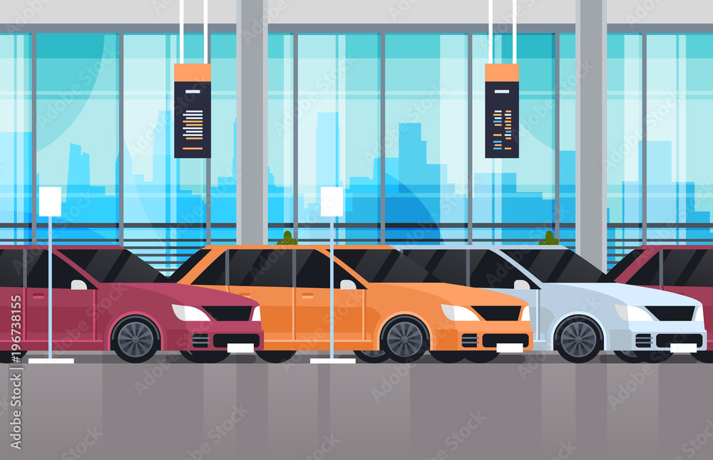 Cars Dealership Center Showroom Interior With Set Of New Modern Vechicles Flat Vector Illustration