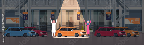 Couple Of Arab Seller Presenting New Car In Dealership Center Showroom Over Set Of New Vechicles Horizontal Banner Flat Vector Illustration