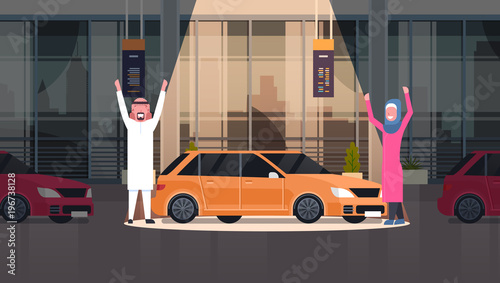 Couple Of Arab Seller Presenting New Car In Dealership Center Showroom Over Set Of New Vechicles Horizontal Banner Flat Vector Illustration