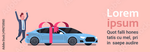 Happy Man Buy New Car Over Vechicle With Ribbon And Bow Background Flat Vector Illustration