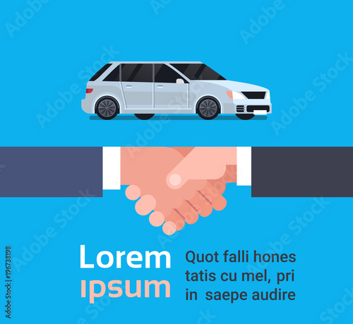 Seller Man Hand Shaking with Owner, Car Purchase Sale Or Rental Concept Flat Vector Illustration
