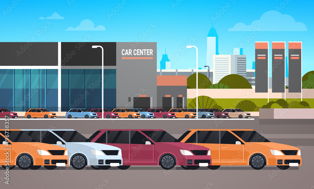 New Cars Over Dealership Center Showroom Building Background Flat Vector Illustration