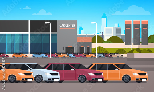 New Cars Over Dealership Center Showroom Building Background Flat Vector Illustration