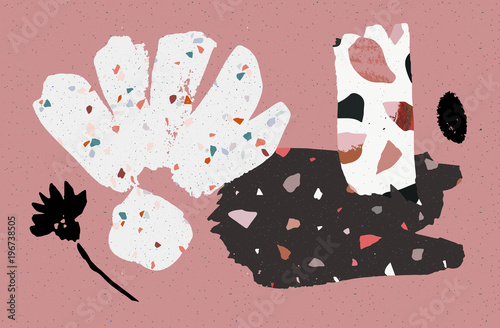 Terrazzo, concrete and hand drawn brushstokes collage. Abstract poster or card. Abstact art .Birthday, anniversary, Valentin’s day, party invitations, wedding, covers.