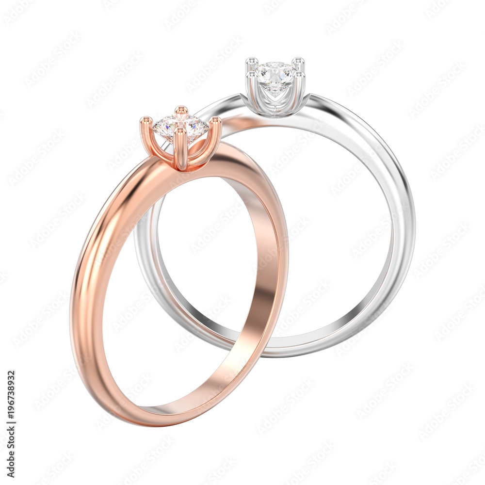 3D illustration isolated two rose and white gold or silver traditional solitaire engagement diamond rings 3D illustration isolated two rose and white gold or silver traditional solitaire engagement diamond rings