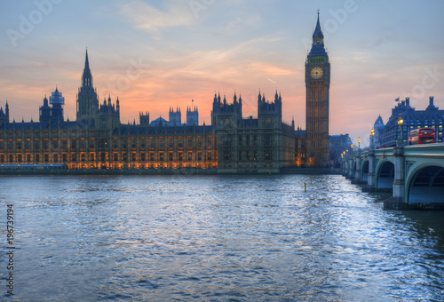 London attractions Big Ben and Westminster Bridge landscape during a Winter sunset © veneratio