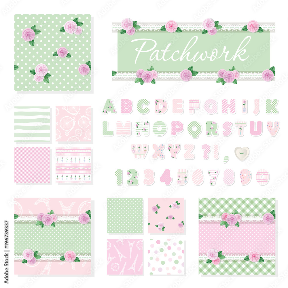 Patchwork girly decorative elements big set. Shabby chic textile font and seamless pattern collection. Different fabric pieces collage, decorated with lace and roses. Vector Patchwork girly decorative elements big set. Shabby chic textile font and seamless pattern collection. Different fabric pieces collage, decorated with lace and roses. Vector