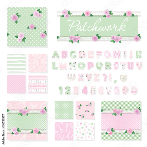 Patchwork girly decorative elements big set. Shabby chic textile font and seamless pattern collection. Different fabric pieces collage, decorated with lace and roses. Vector