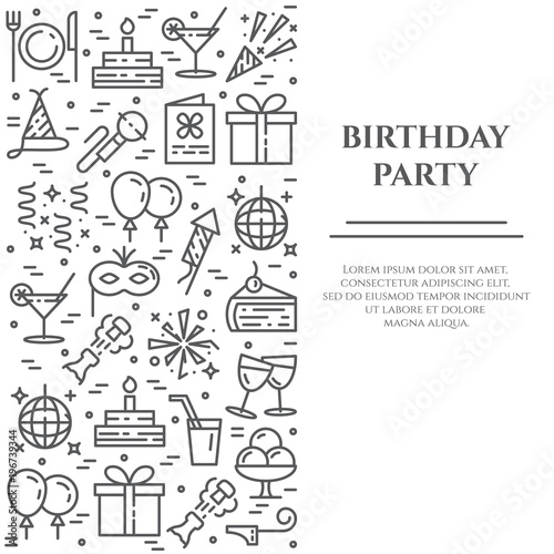 Birthday party theme banner consisting of line icons with editable stroke in form of rectangle.