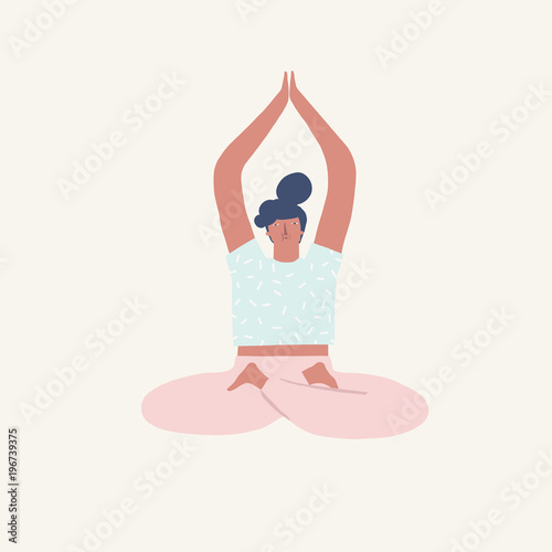 Yoga girl sitting in pose doing breathing exercise illustration in vector.