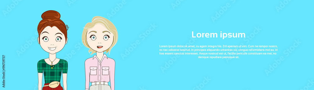 Two Young Girls Beautiful Female Over Blue Horizontal Background Vector Illustration Two Young Girls Beautiful Female Over Blue Horizontal Background Vector Illustration