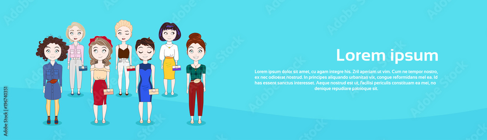Young Woman Group Cute Girls Full Length Horizontal Banner Vector Illustration Young Woman Group Cute Girls Full Length Horizontal Banner Vector Illustration