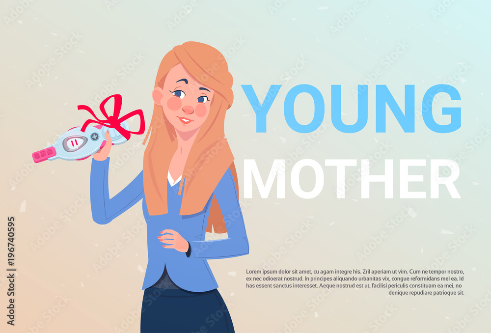 Young Mother Holding Positive Prenancy Test With Red Ribbon Bow Over Template Background Flat Vector Illustration Young Mother Holding Positive Prenancy Test With Red Ribbon Bow Over Template Background Flat Vector Illustration