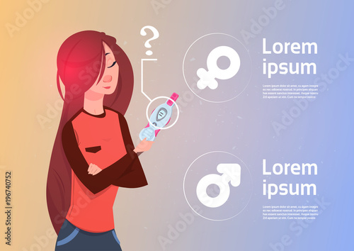 Woman Holding Positive Prenancy Test Thinking Of Baby Male Or Female Sign Background Flat Vector Illustration