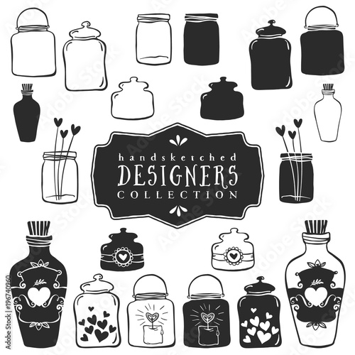 Vintage decorative jars with hearts collection. Hand drawn vector design elements.