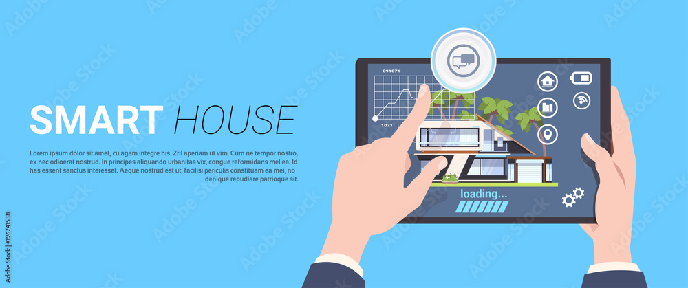 Smart Home Management Concept With Hands Holding Tablet Device Over Background With Copy Space Flat Vector Illustration Smart Home Management Concept With Hands Holding Tablet Device Over Background With Copy Space Flat Vector Illustration