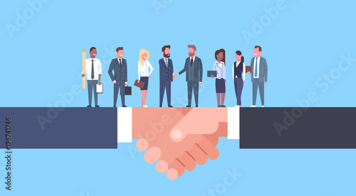 Two Businessmen Shaking Hands With Team Of Businesspeople, Business Agreement And Partnership Concept Flat Vector Illustration