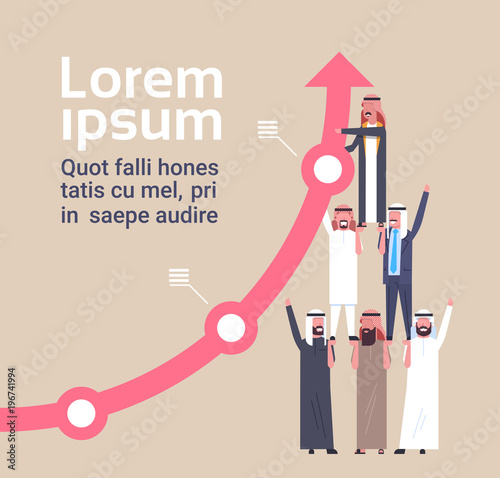 Team Of Muslim Businesspeople Hold Financial Arrow Growing Up Success And Teamwork Concept Flat Vector Illustration