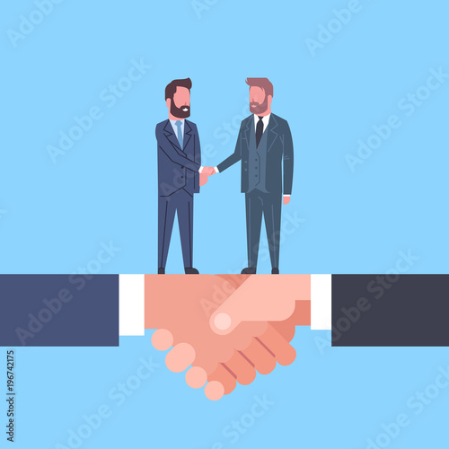 Two Businessmen Shaking Hands On Handshake Business Agreement And Partnership Concept Flat Vector Illustration