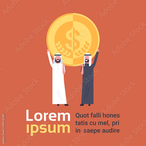 Two Muslim Business Men Holding Golden Dollar Coin, Financial Success Concept Flat Vector Illustration