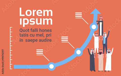 Arab Business Men Team Raising Financial Graph Arrow Up Success And Teamwork Concept Flat Vector Illustration