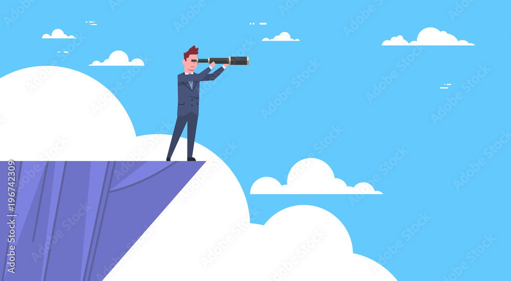 Businessman Stand On Top Of Mountain With Telescope Looking For Success, Opportunities, Business Vision Concept Flat Vector Illustration