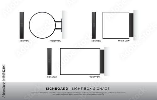 Signboard Blank Round, Square, Rectangle lightbox signage Mockup Template Mounted on the Wall. vector illustration