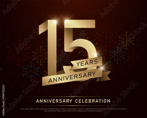 15th years anniversary celebration gold number and golden ribbons with fireworks on dark background. vector illustration
