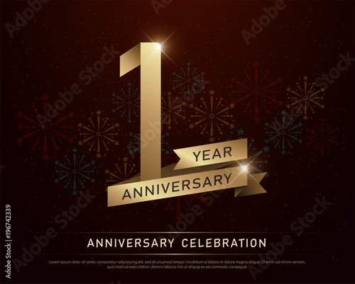 1st year anniversary celebration gold number and golden ribbons with fireworks on dark background.  vector illustration